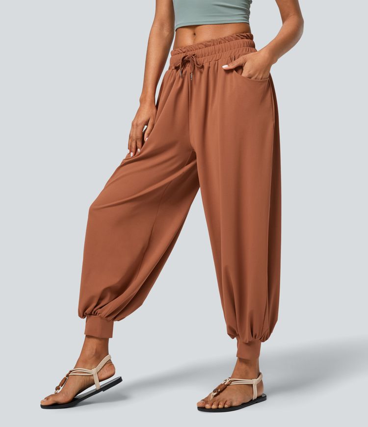 Joggers bohemios bolsillo lateral plisado cordón tiro bajo