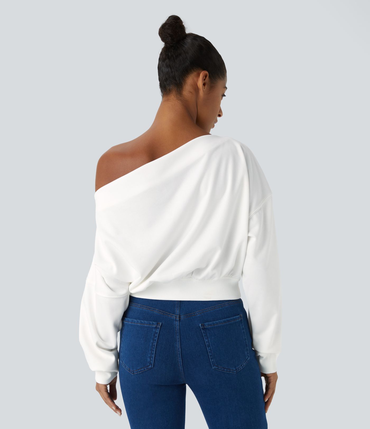 Diagonal Shoulder Ruched Long Sleeve Relax Casual Sweatshirt