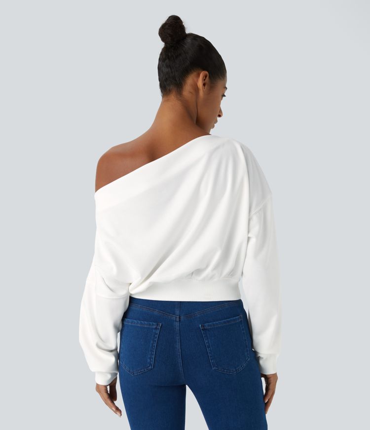 Oblique Shoulder Ruched Long Sleeve Relaxed Casual Sweatshirt