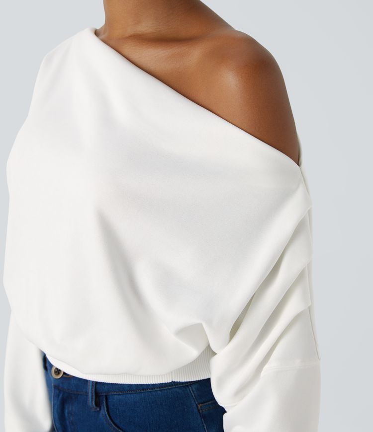Oblique Shoulder Ruched Long Sleeve Relaxed Casual Sweatshirt