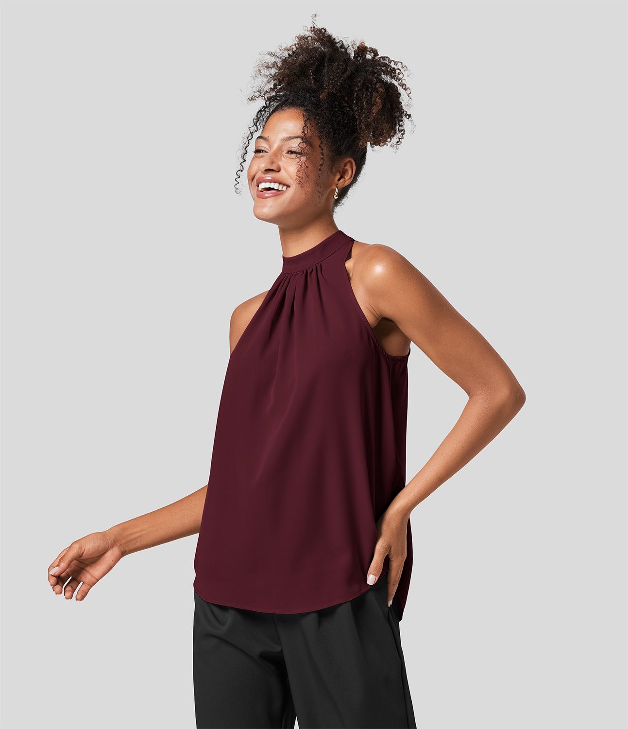 Keyhole Back Halter Sleeveless Curved Hem Work Blouse