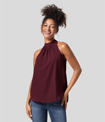 Keyhole Back Halter Sleeveless Curved Hem Work Blouse