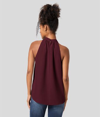 Keyhole Back Halter Sleeveless Curved Hem Work Blouse