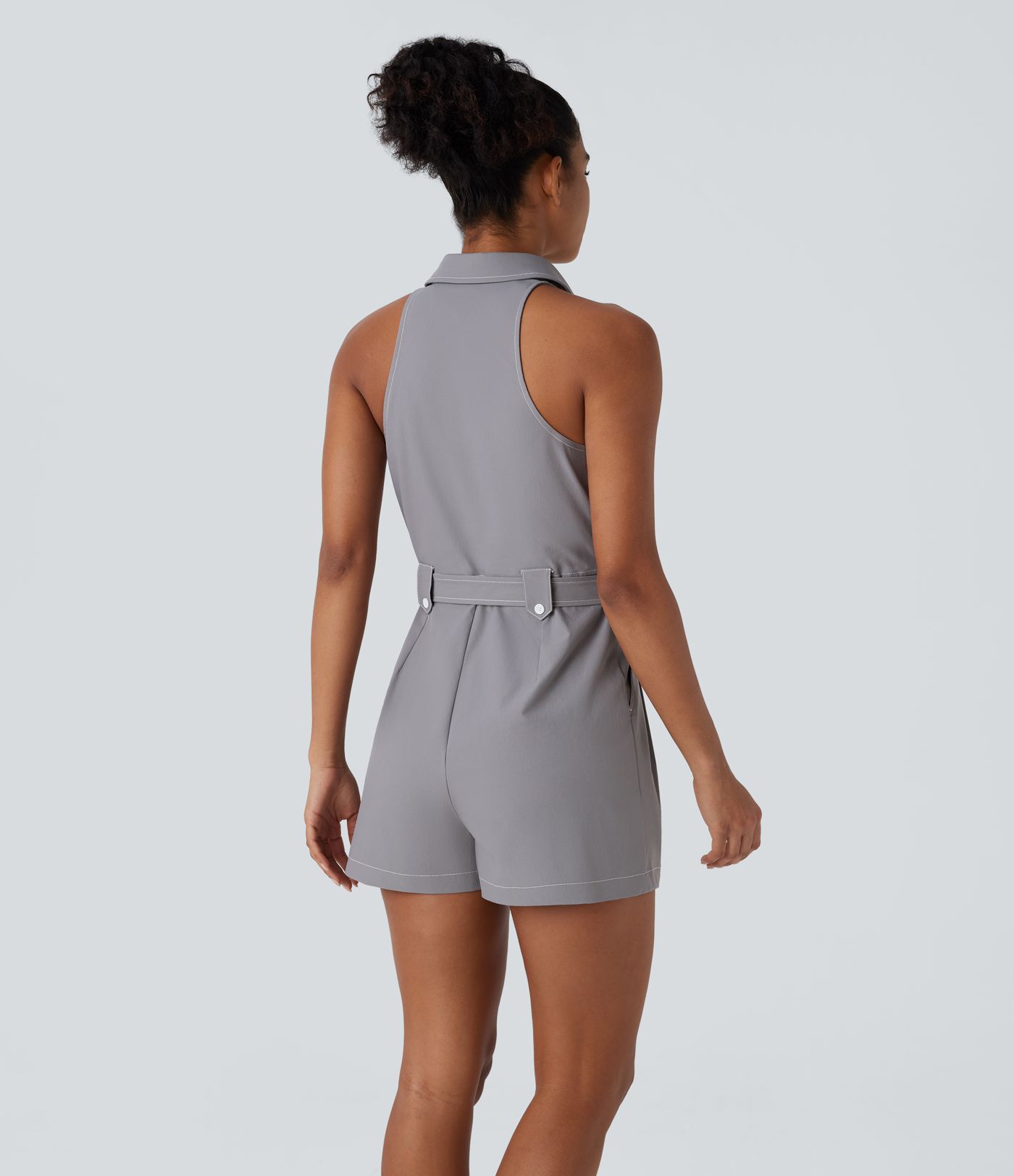 Water Repellent Sleeveless Belted Pocket Twill Casual Jumpsuit