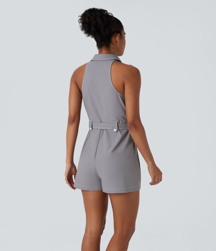 Water Repellent Sleeveless Belted Pocket Twill Casual Jumpsuit