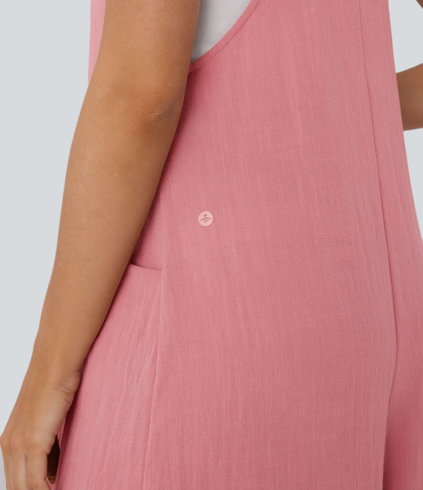 Adjustable Tie Pocket Flowy Casual Linen-Feel Jumpsuit