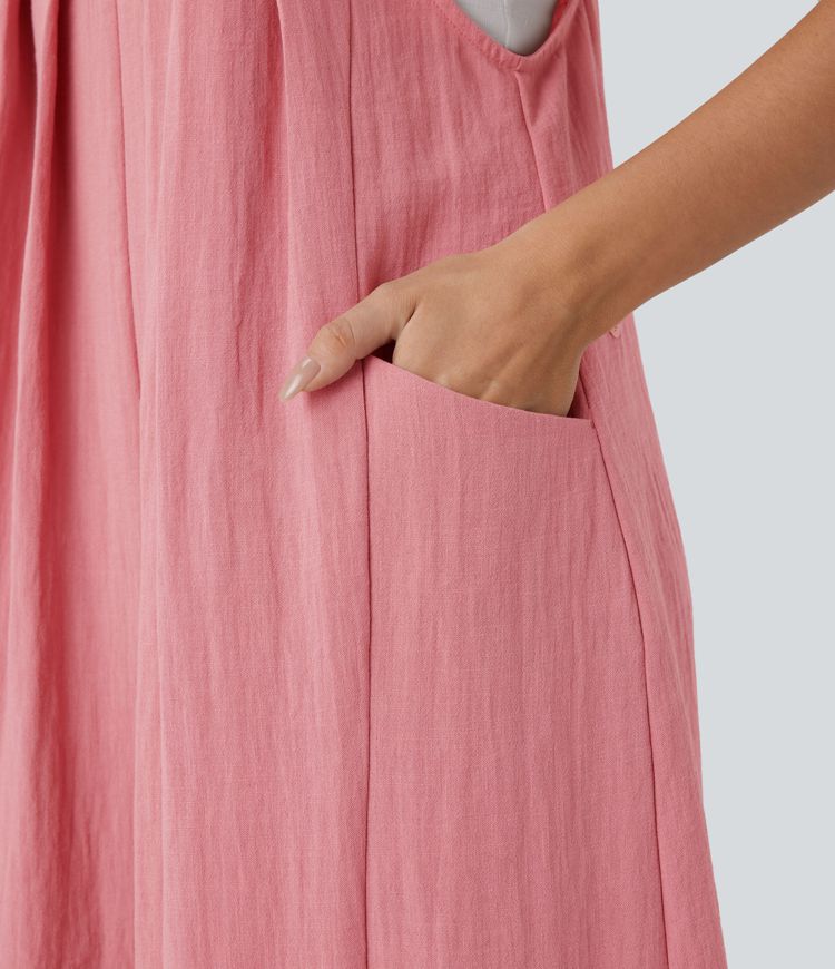 Adjustable Tie Pocket Flowy Casual Linen-Feel Jumpsuit