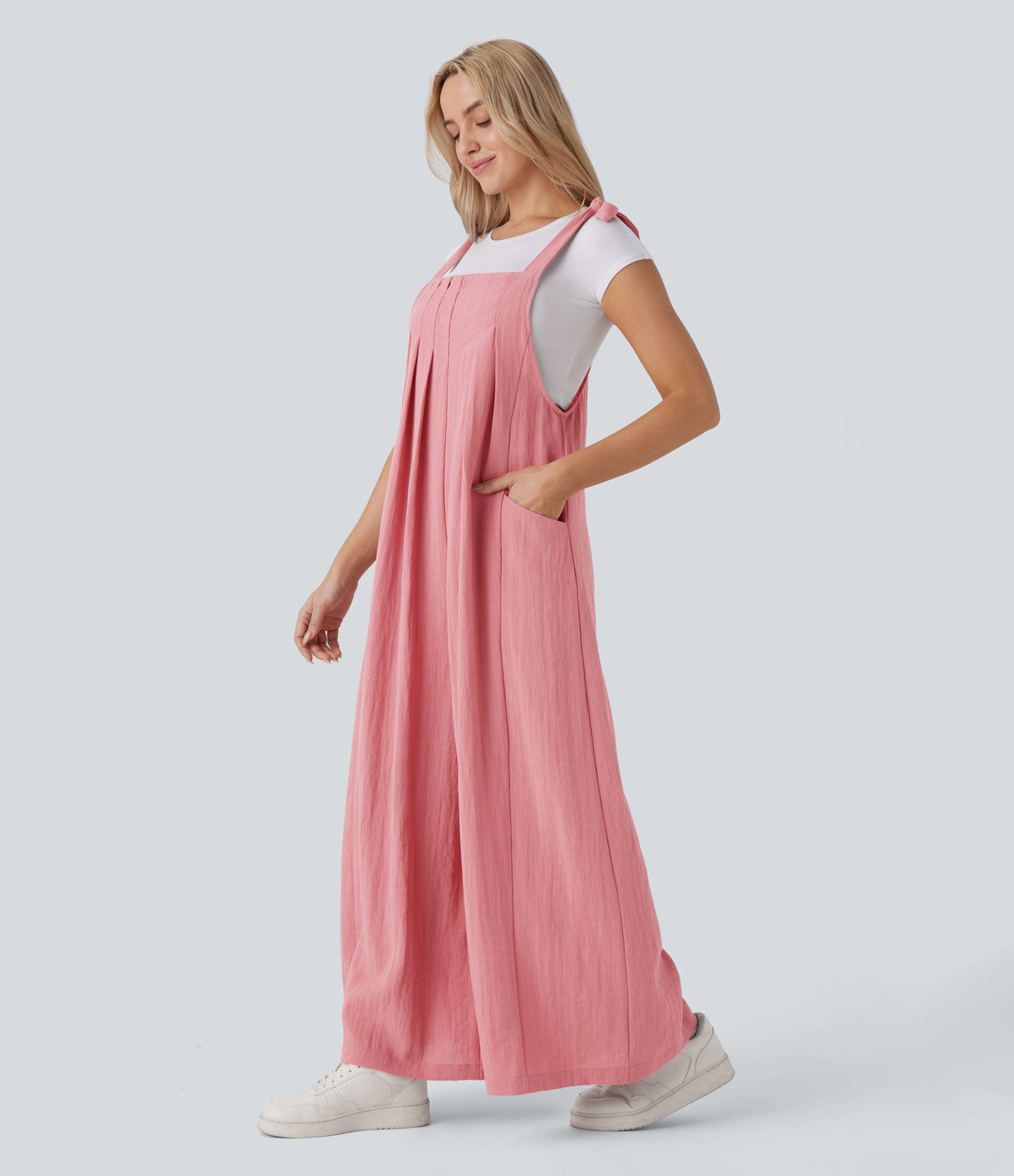 Adjustable Tie Pocket Flowy Casual Linen-Feel Jumpsuit