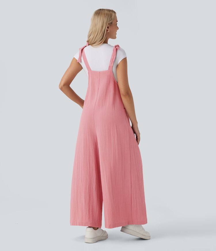 Adjustable Tie Pocket Flowy Casual Linen-Feel Jumpsuit