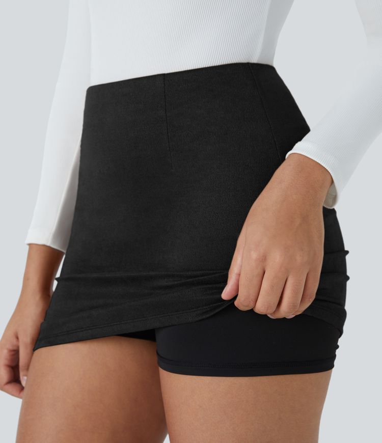 High Waisted 2-in-1 Bodycon Suede Mini Casual Skirt