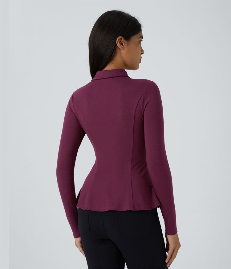 Collared Cut Out Button Long Sleeve Slim Peplum Work Top