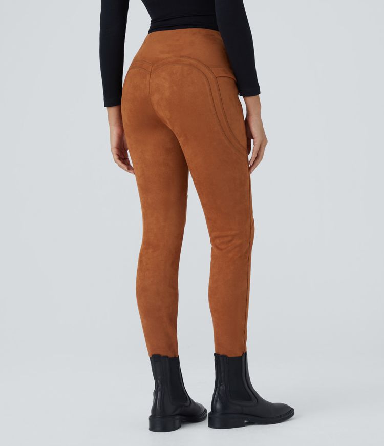 High Waisted Pocket Ankle Length Suede Casual Leggings