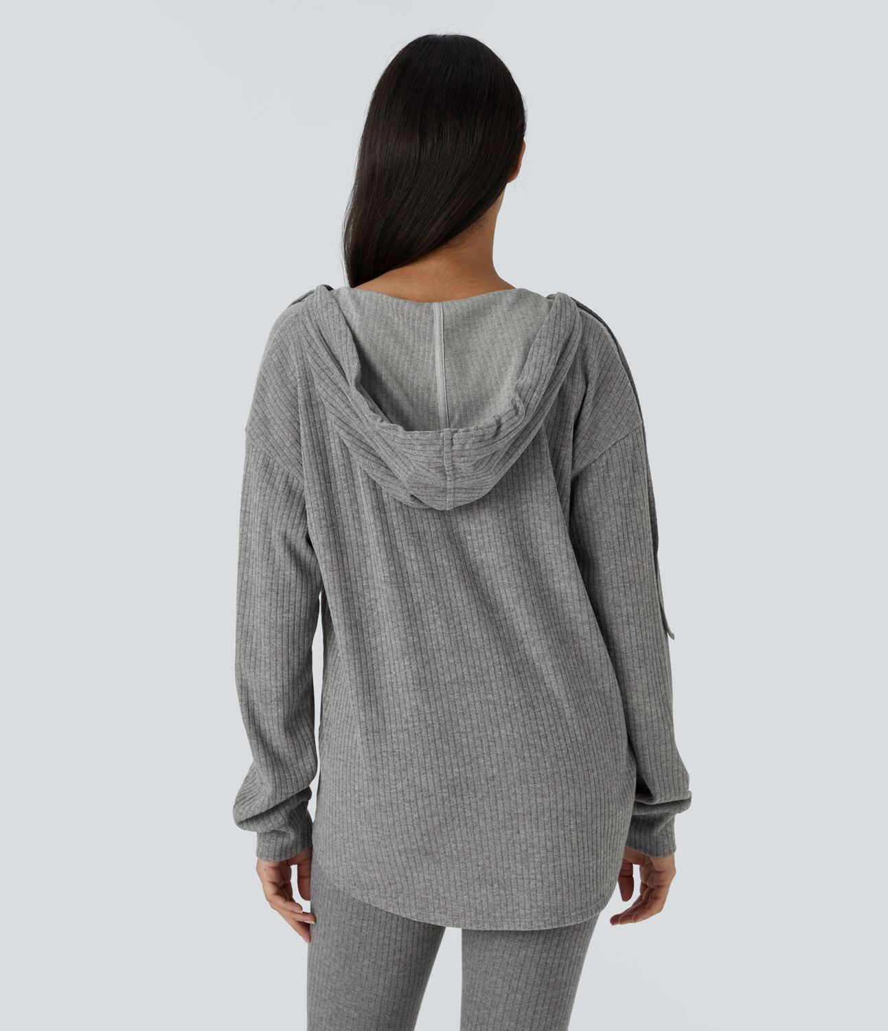 Ribbed Knit Hood V-Neck Drawstring Long Sleeve Curved Hem Casual Sweatshirt