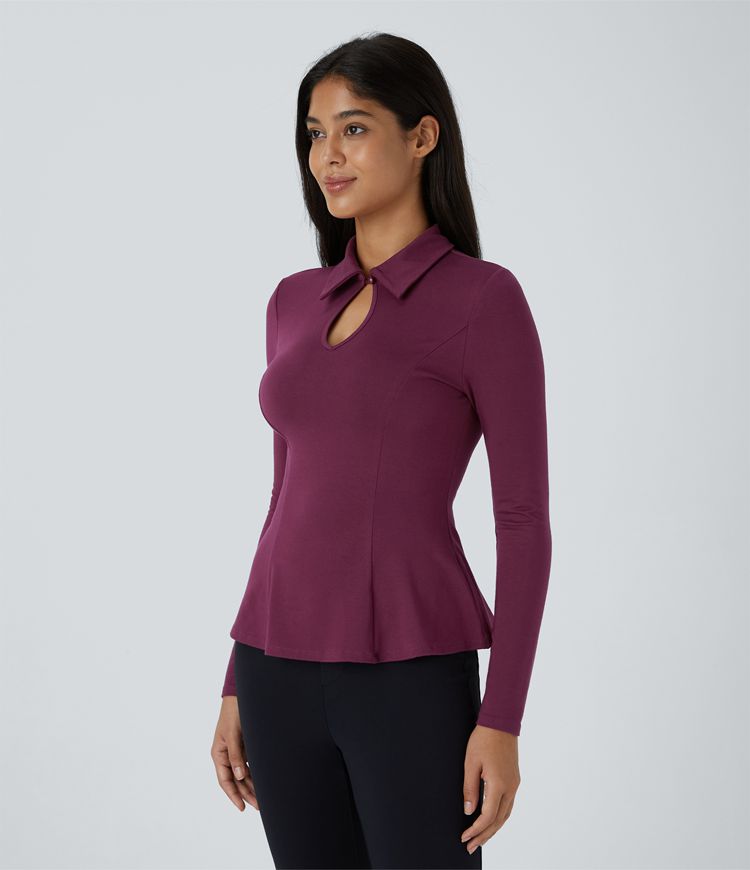 Collared Cut Out Button Long Sleeve Slim Peplum Work Top