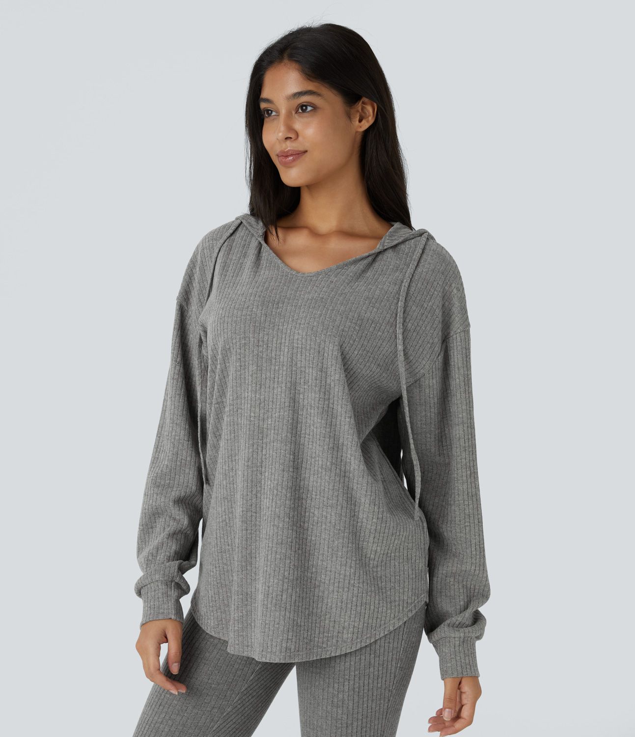 Ribbed Knit Hood V-Neck Drawstring Long Sleeve Curved Hem Casual Sweatshirt
