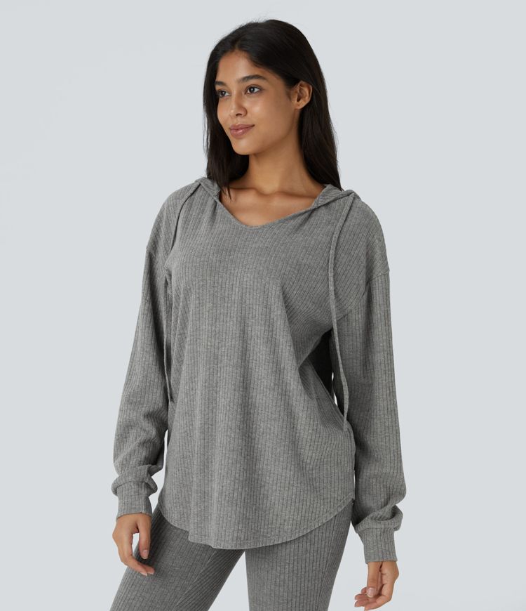 Ribbed Knit Hood V-Neck Drawstring Long Sleeve Curved Hem Casual Sweatshirt