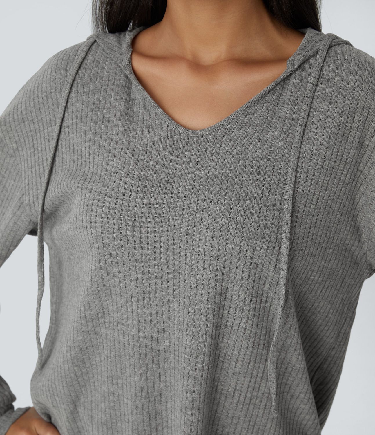 Ribbed Knit Hood V-Neck Drawstring Long Sleeve Curved Hem Casual Sweatshirt