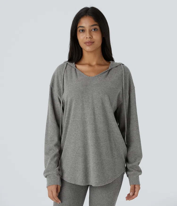 Ribbed knit hood V-neck drawstring long sleeve curved hem casual sweatshirt