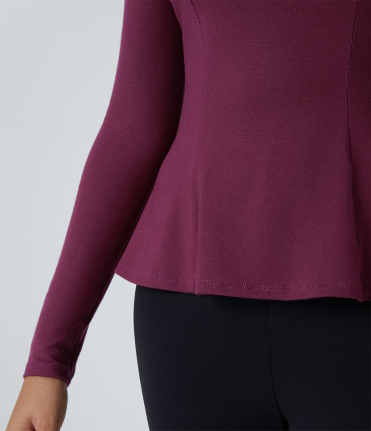 Collared Cut Out Button Long Sleeve Slim Peplum Work Top