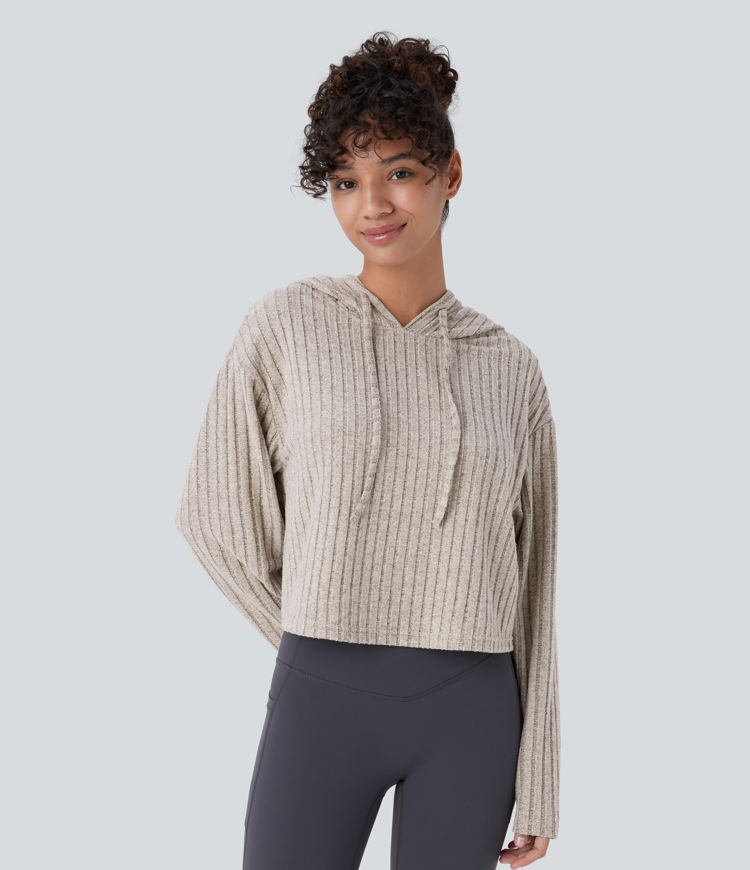 Ribbed Knit Hooded Drawstring Relax Casual Sweatshirt