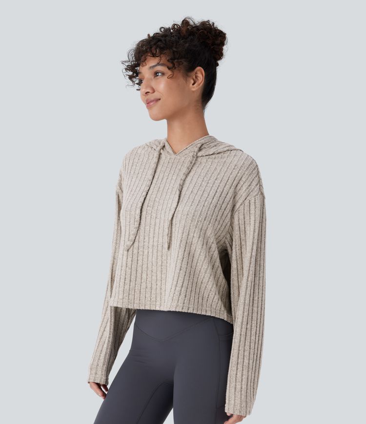 Ribbed Knit Hooded Drawstring Relax Casual Sweatshirt