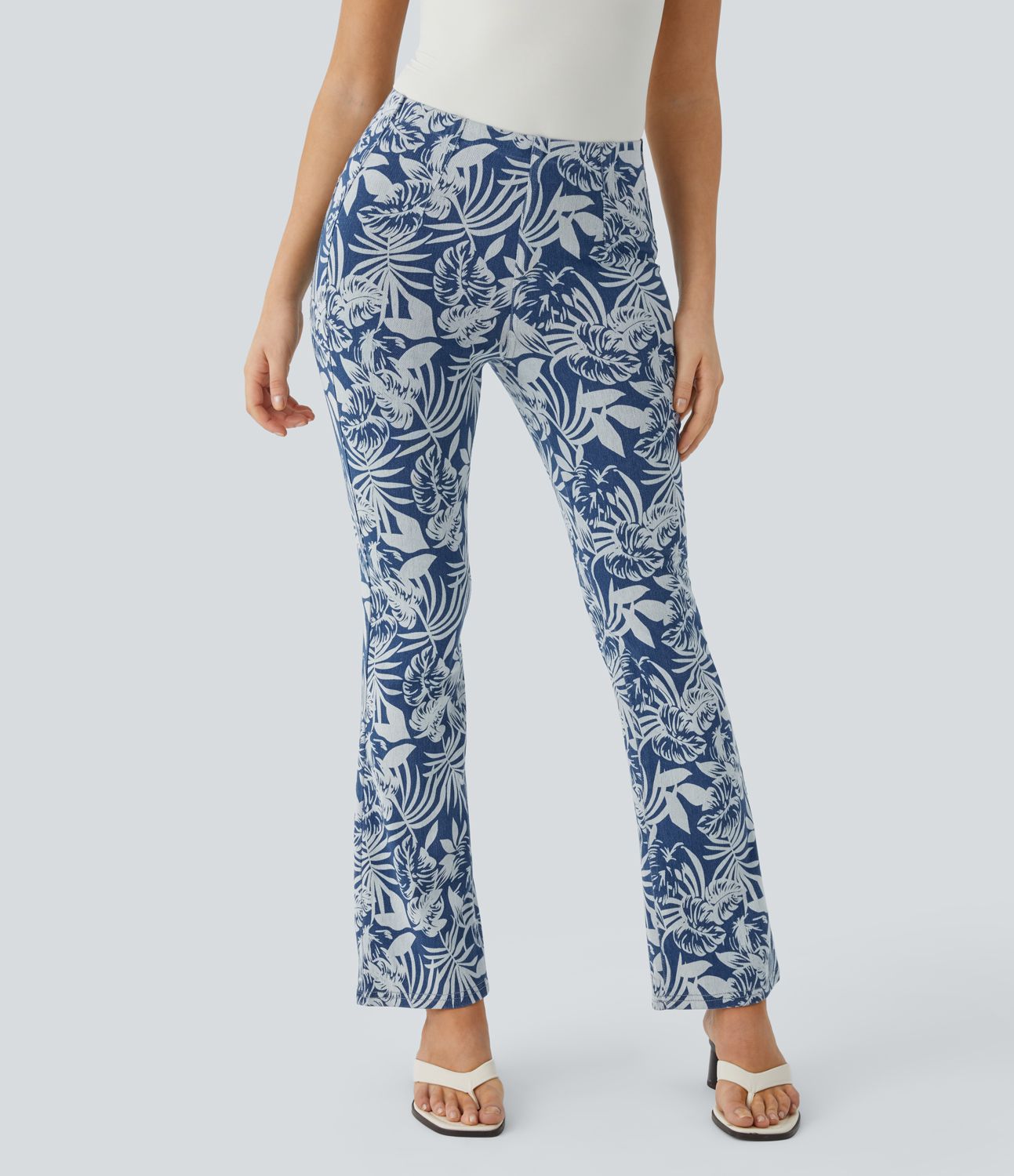 Halara Flex™ High Waisted Pull On Back Side Pocket Floral Print Stretchy Knit Denim Casual Slight Flare Leggings