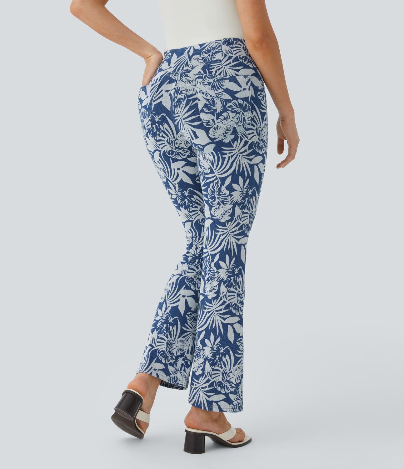 Halara Flex™ High Waisted Pull On Back Side Pocket Floral Print Stretchy Knit Denim Casual Slight Flare Leggings