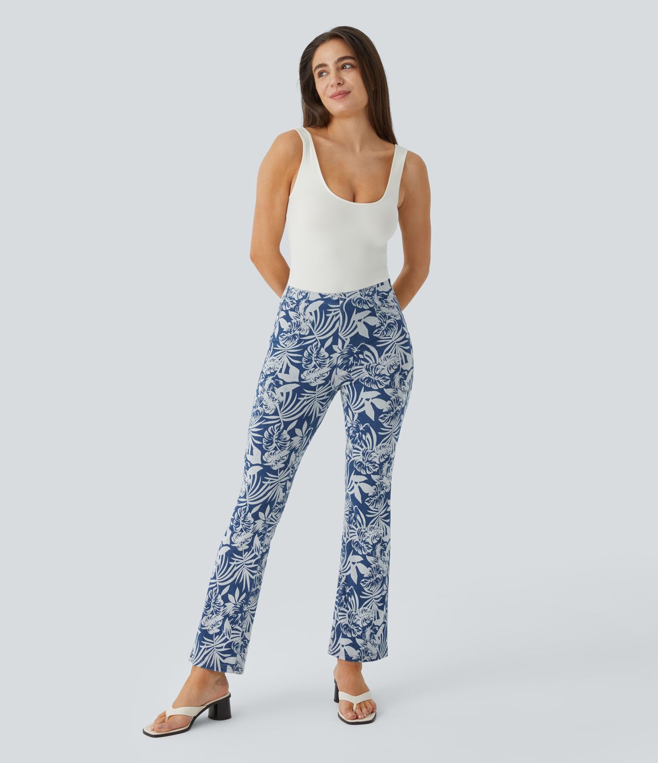 Halara Flex™ High Waisted Pull On Back Side Pocket Floral Print Stretchy Knit Denim Casual Slight Flare Leggings