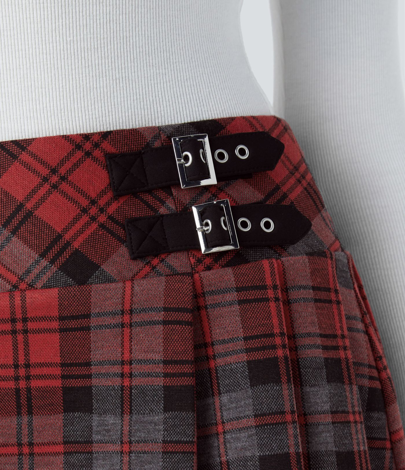 High Waisted Decorative Buckle 2-in-1 Plaid Pleated Mini Casual Skirt