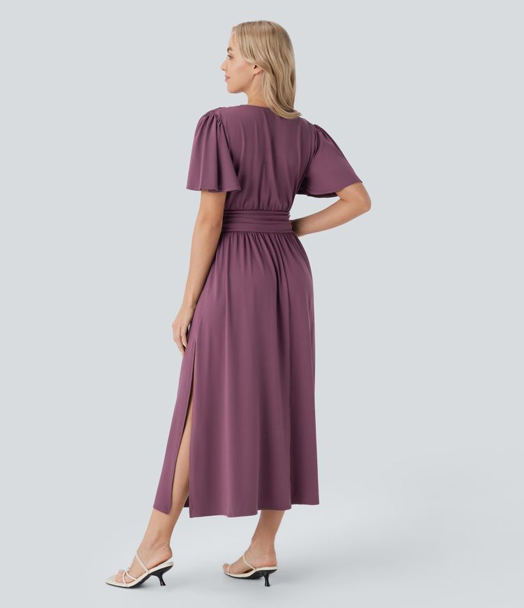 Fließendes, drapiertes Urlaubs-Midikleid mit V-Ausschnitt, kurzen Ärmeln und Schlitz