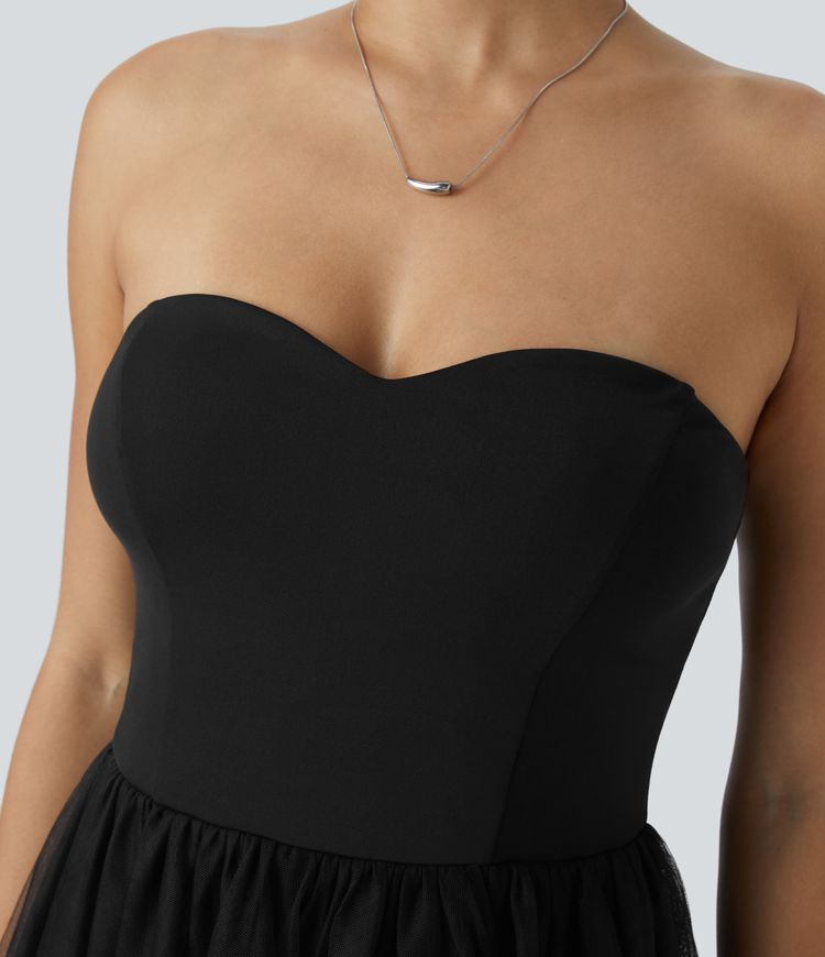 Rückenfreies, gestuftes Mini-Partykleid aus kontrastierendem Netzstoff