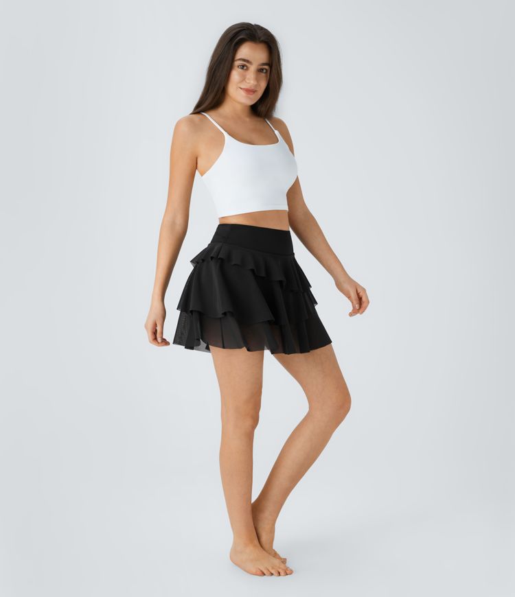 High waist 2-in-1 side pocket contrast mesh layered flowy mini skirt