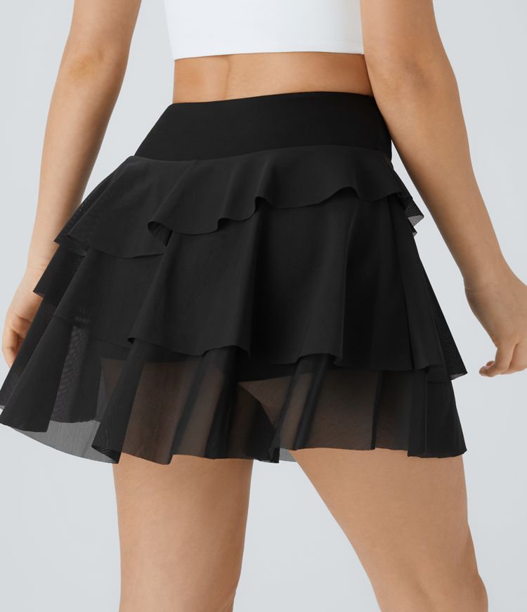 Minifalda fluida capa malla contrastante bolsillo lateral 2 en 1 tiro alto