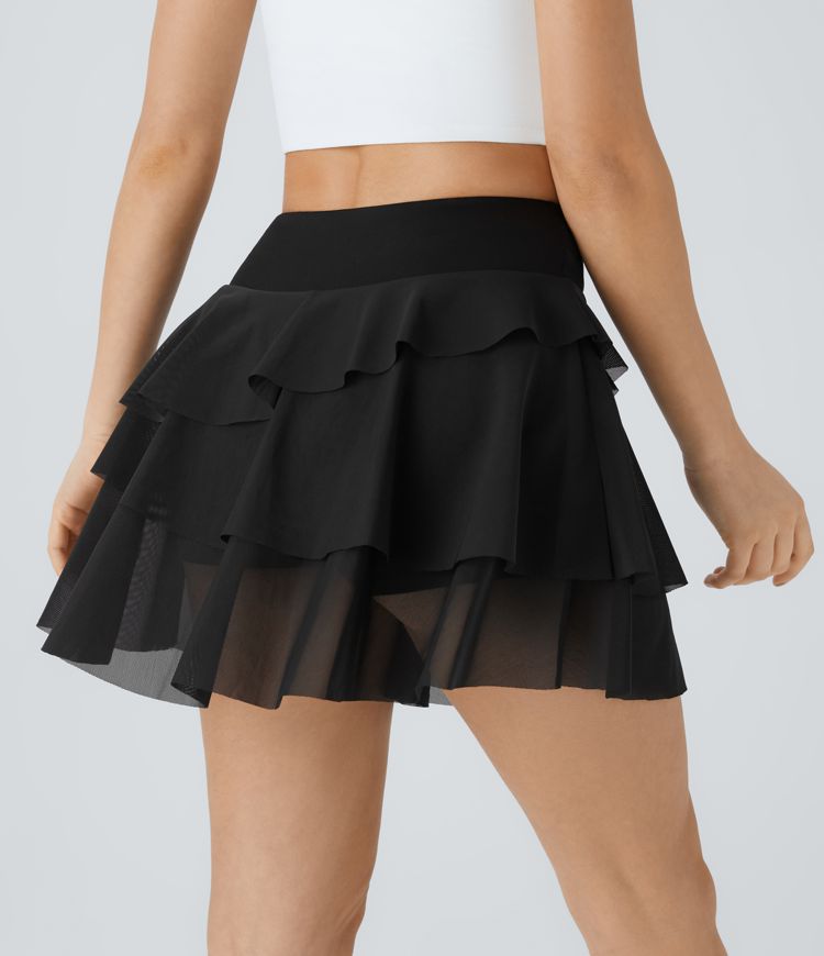 High waist 2-in-1 side pocket contrast mesh layered flowy mini skirt