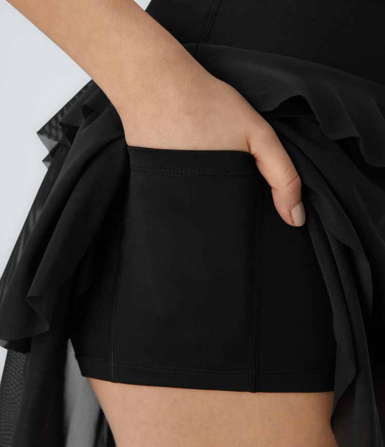 High waist 2-in-1 side pocket contrast mesh layered flowy mini skirt