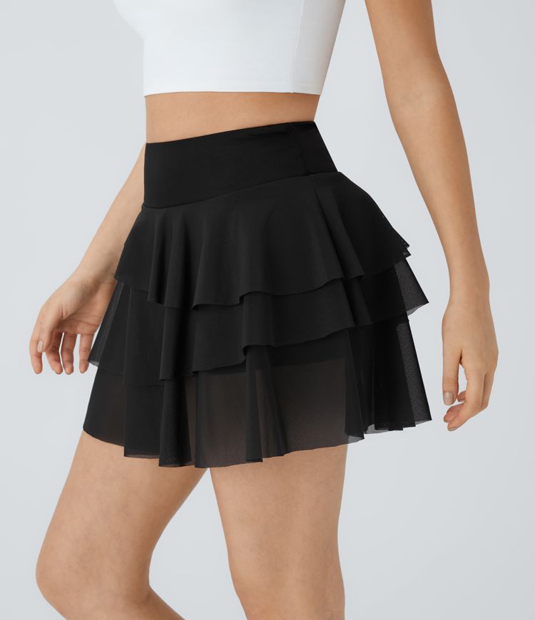 High waist 2-in-1 side pocket contrast mesh layered flowy mini skirt