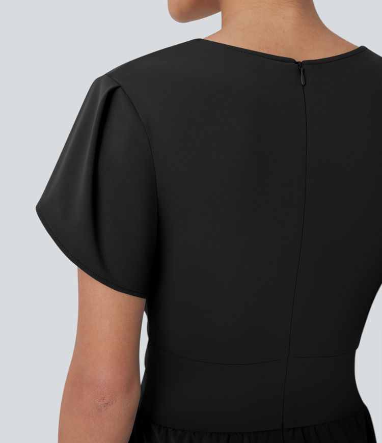 Breezeful™ V-Ausschnitt Blütenärmel Tasche Weites Bein Fließender Schnell Trocknender Arbeits-Jumpsuit