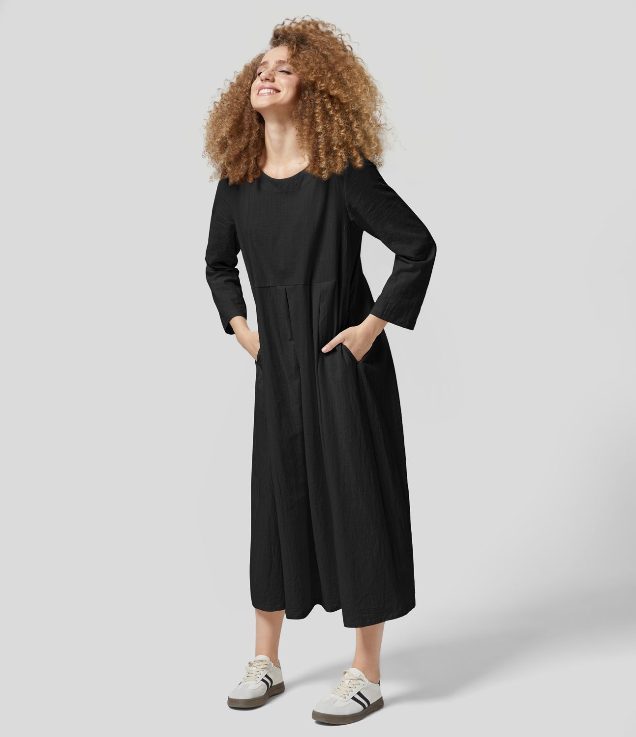 Round Neck Long Sleeve Side Pocket Solid Relaxed Midi Casual Linen-Feel Dress