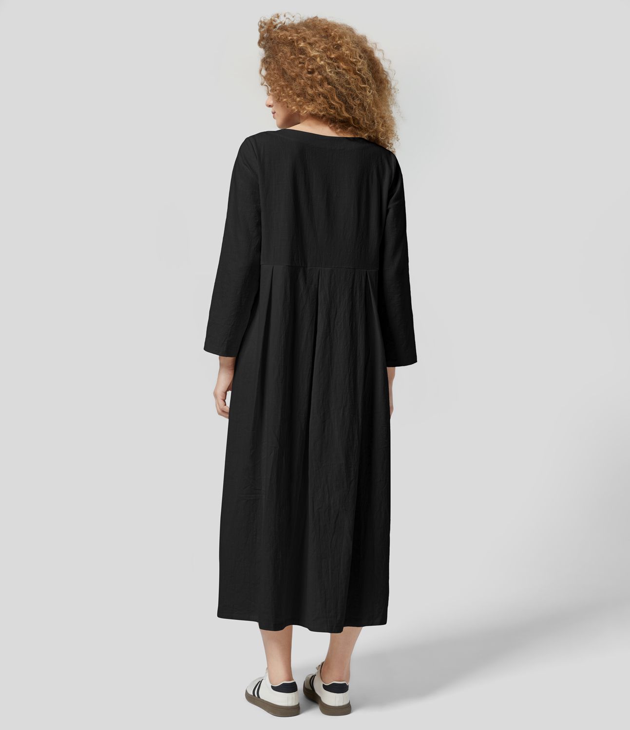 Round Neck Long Sleeve Side Pocket Solid Relaxed Midi Casual Linen-Feel Dress