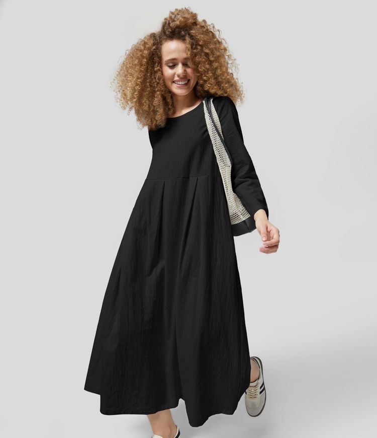 Round Neck Long Sleeve Side Pocket Solid Relaxed Midi Casual Linen-Feel Dress