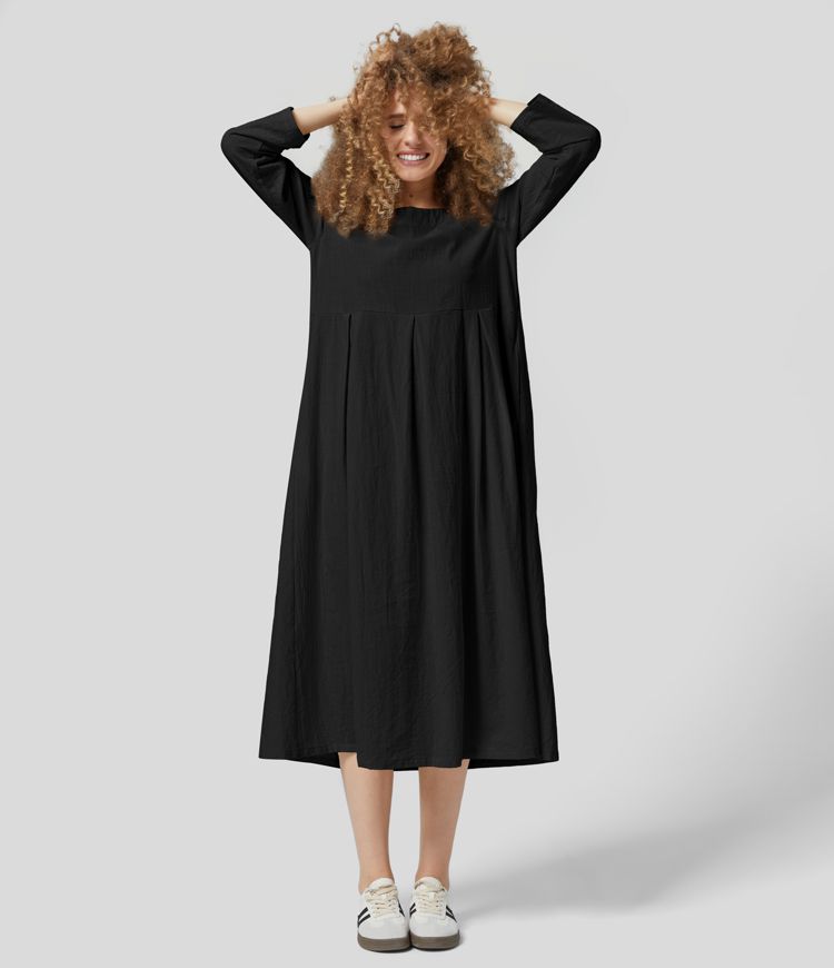 Round Neck Long Sleeve Side Pocket Solid Relaxed Midi Casual Linen-Feel Dress