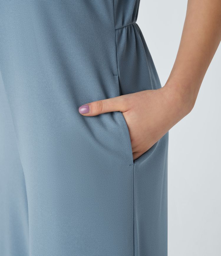 Adjustable V-neck strap backless multiple pocket waffle casual cargo jumpsuit