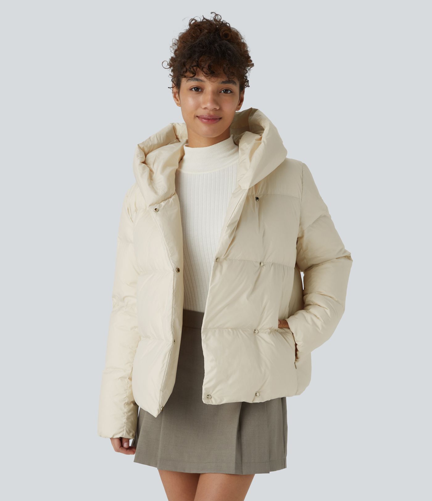 Water Repellent Hooded Side Zipper Pocket Snap Relaxed Casual Puffer Down Jacket