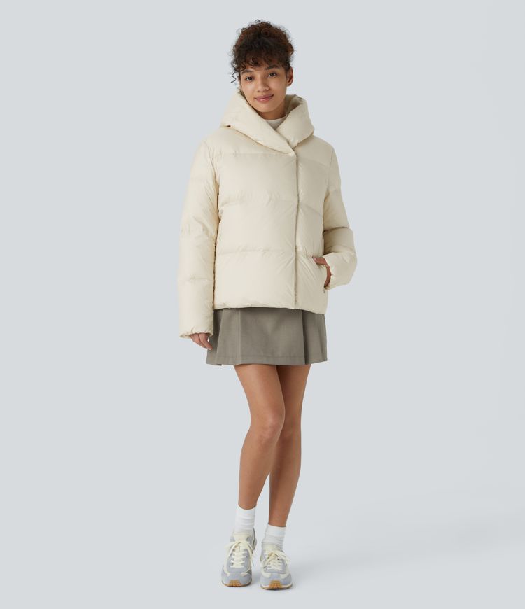 Water Repellent Hooded Side Zipper Pocket Snap Button Relaxed Casual Puffer Down Jacket