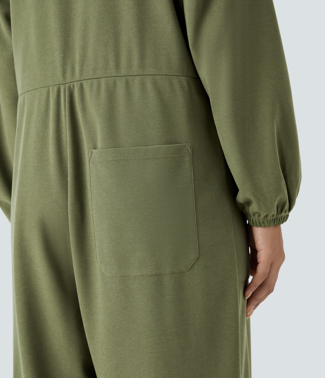 V-neck long-sleeve button-up multi-pocket tapered waffle casual jumpsuit