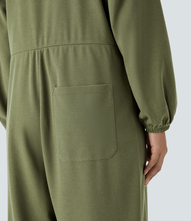 V-neck long-sleeve button-up multi-pocket tapered waffle casual jumpsuit