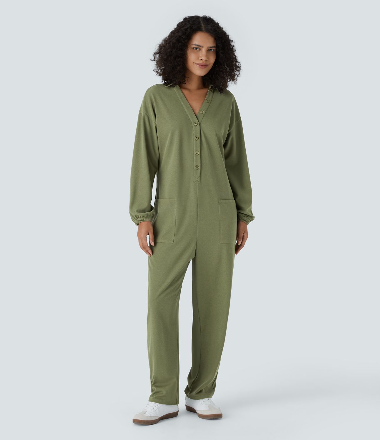 V-neck long-sleeve button-up multi-pocket tapered waffle casual jumpsuit