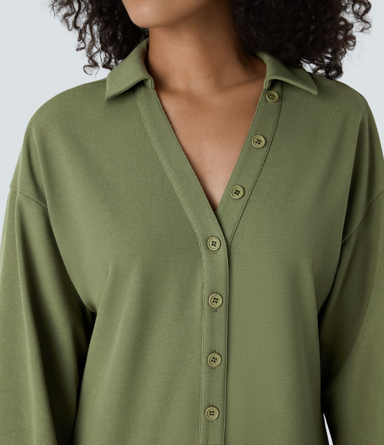 V-neck long-sleeve button-up multi-pocket tapered waffle casual jumpsuit