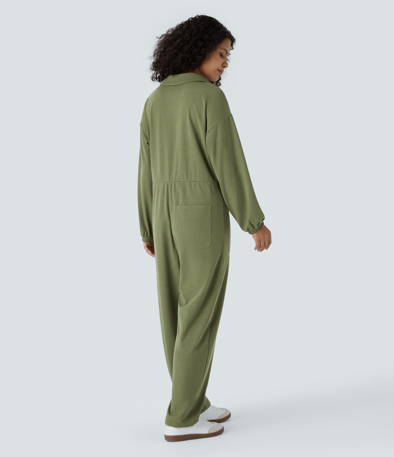 V-neck long-sleeve button-up multi-pocket tapered waffle casual jumpsuit