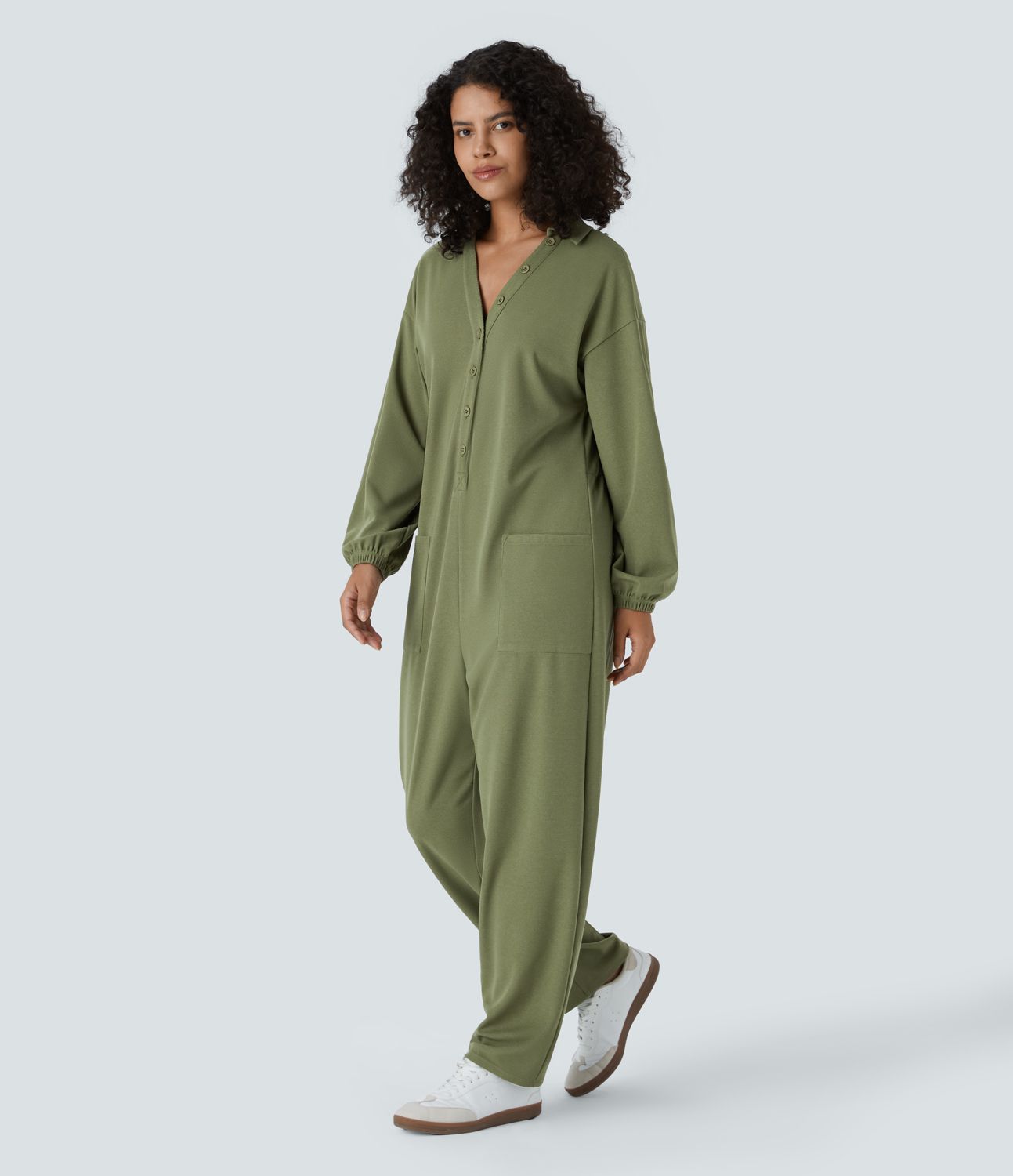 V-neck long-sleeve button-up multi-pocket tapered waffle casual jumpsuit